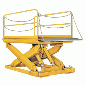 Loading dock lift features four safety chains with snap hooks.